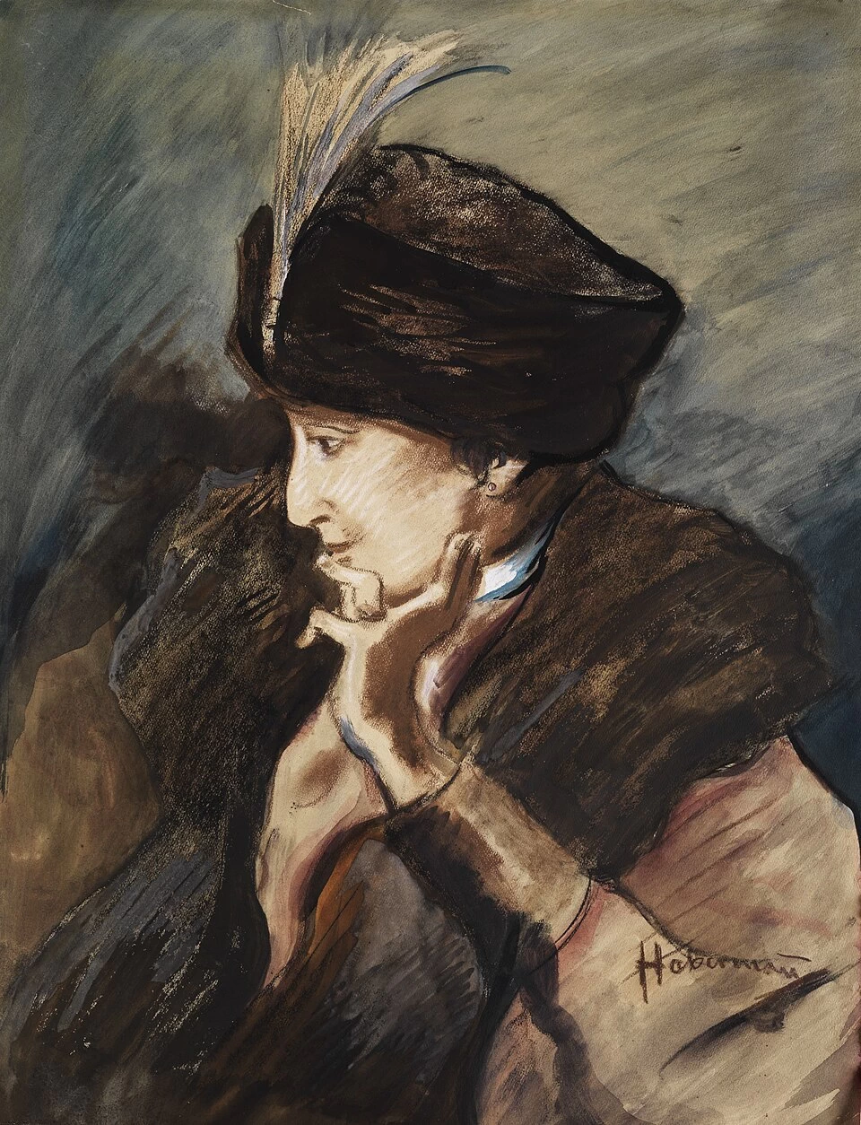 Hugo von Habermann - Ritratto di una giovane donna con un cappello di piume